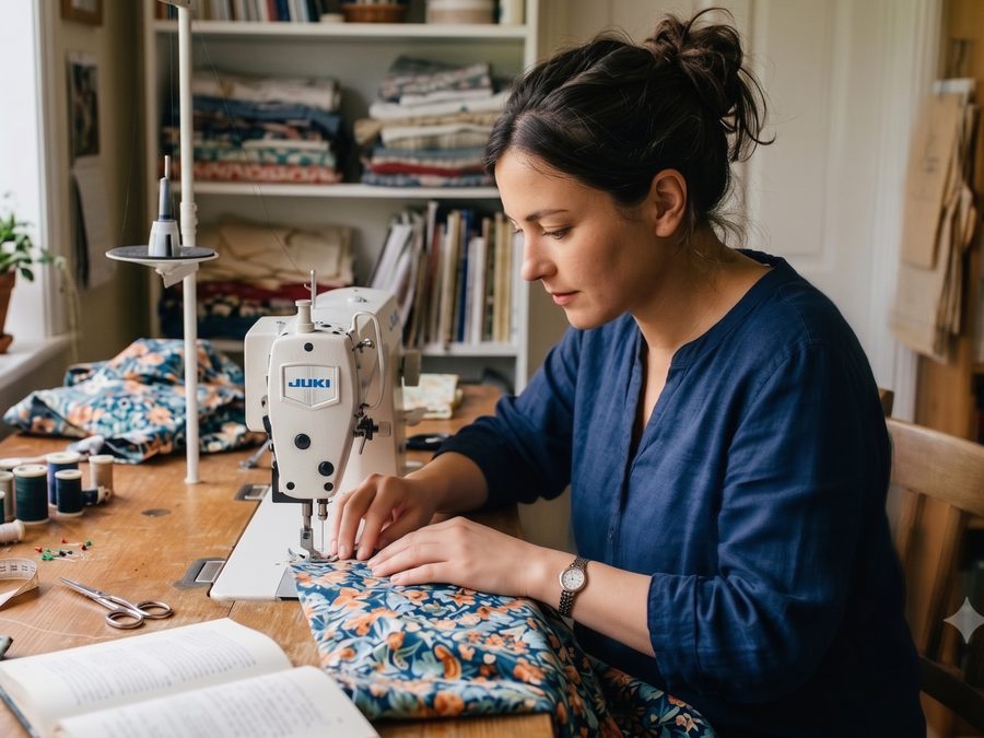 Sewing a fabric sample on a machine