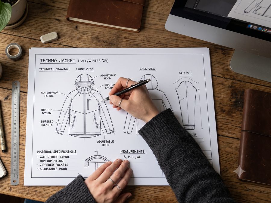 Techpack technical drawing for a jacket